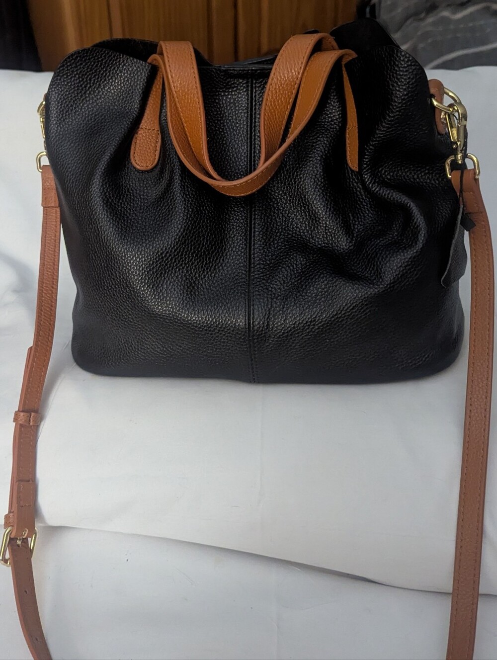 Black Pebbled Leather Shoulder Bag with Pouch And Tan Handles and Strap